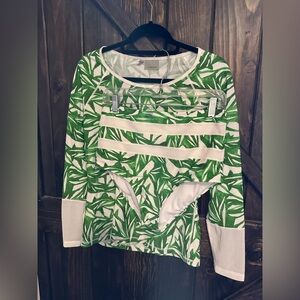 Athleta large swim set, long-sleeved rash guard top with leaf pattern